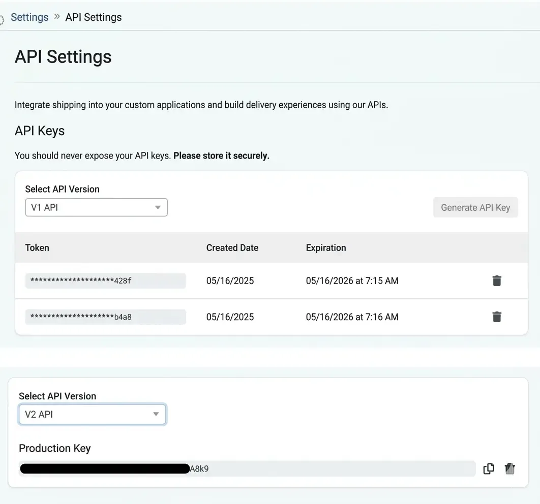 ShipStation API Settings page showing how to generate API v1 and API v2 keys for the ToolSwift integration