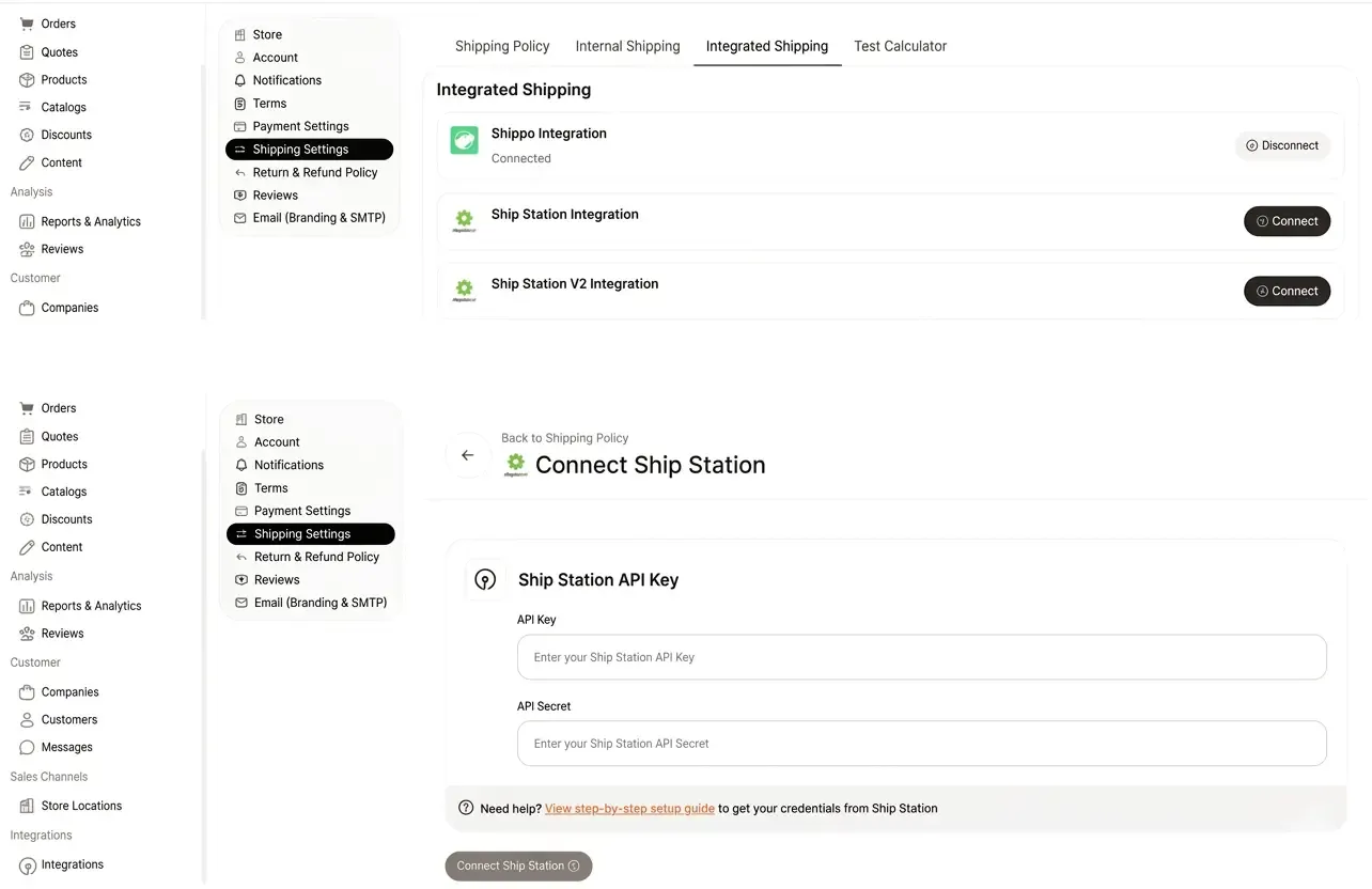 ToolSwift admin dashboard showing the Integrated Shipping tab and the Connect ShipStation page with API Key and API Secret