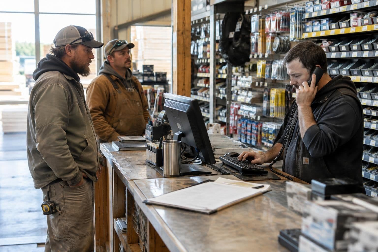 A busy lumber yard counter with a phone ringing and a line of contractors waiting while a counter employee types an order