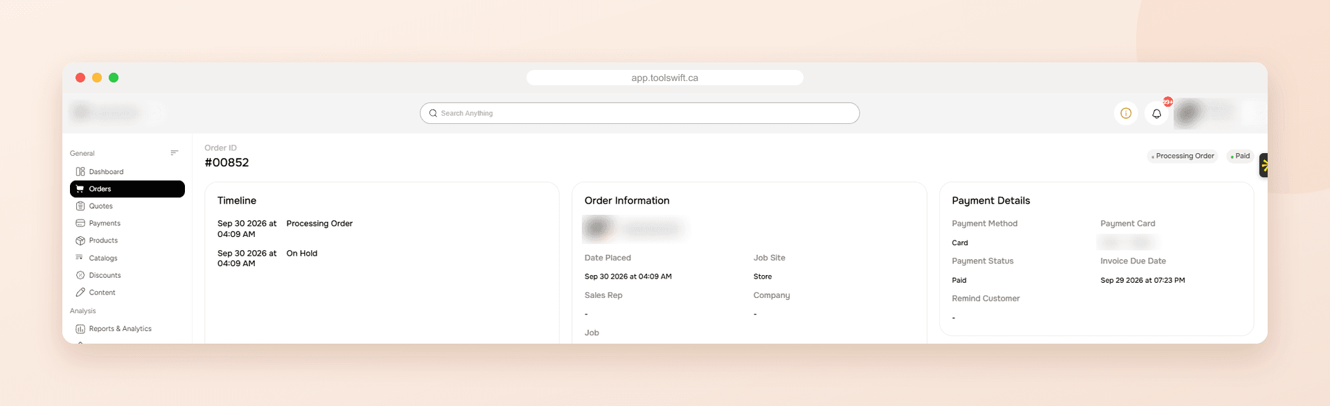 ToolSwift order screen with the order timeline, order information and payment details showing the payment method, payment status and invoice due date, with customer details blurred