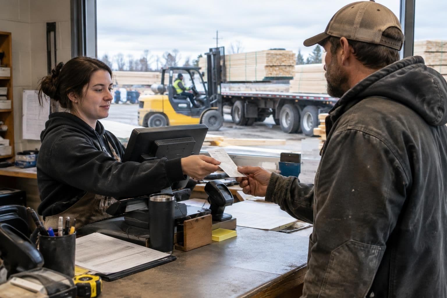 Counter staff at a lumber yard pro desk ringing up a contractor's order while a yard worker loads lumber outside
