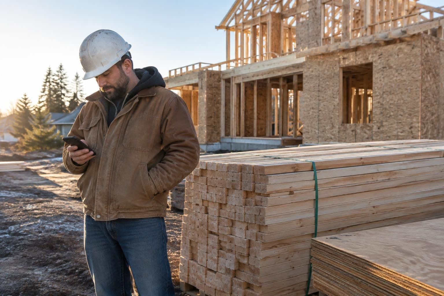 A contractor on a residential job site checking a materials order on his phone next to a delivered stack of lumber