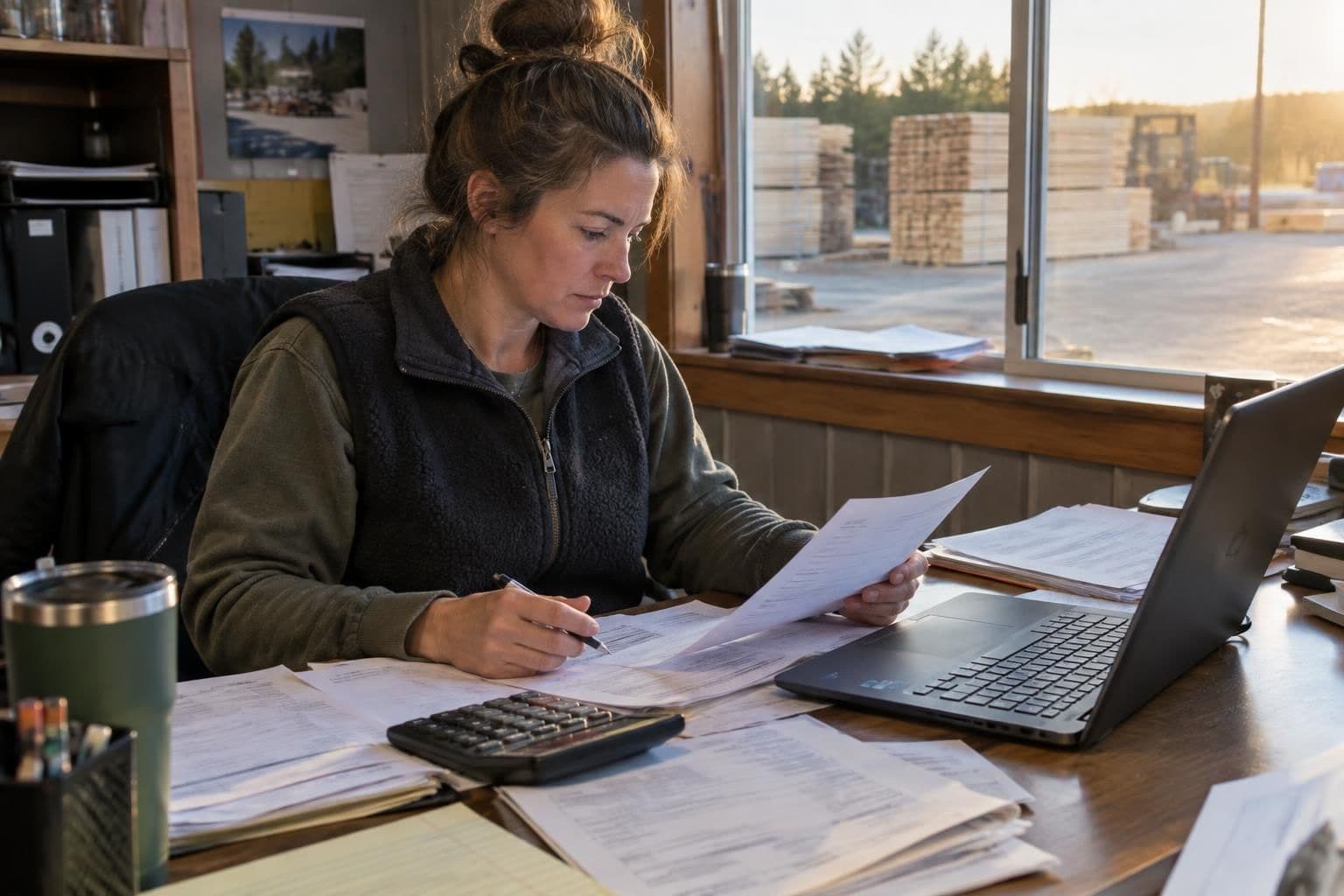 A lumber yard office manager at a desk with printed invoices, a calculator and a laptop, going through the monthly software bills