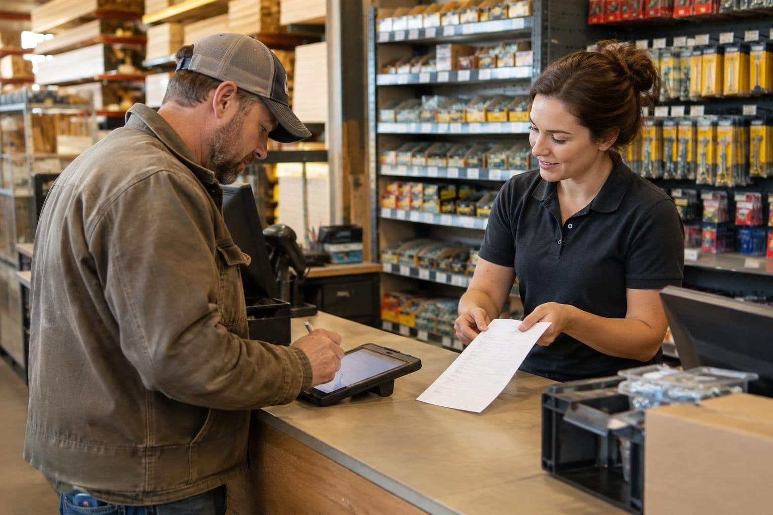 A contractor at a lumber yard counter signing for an order on account while a counter employee hands over the paperwork