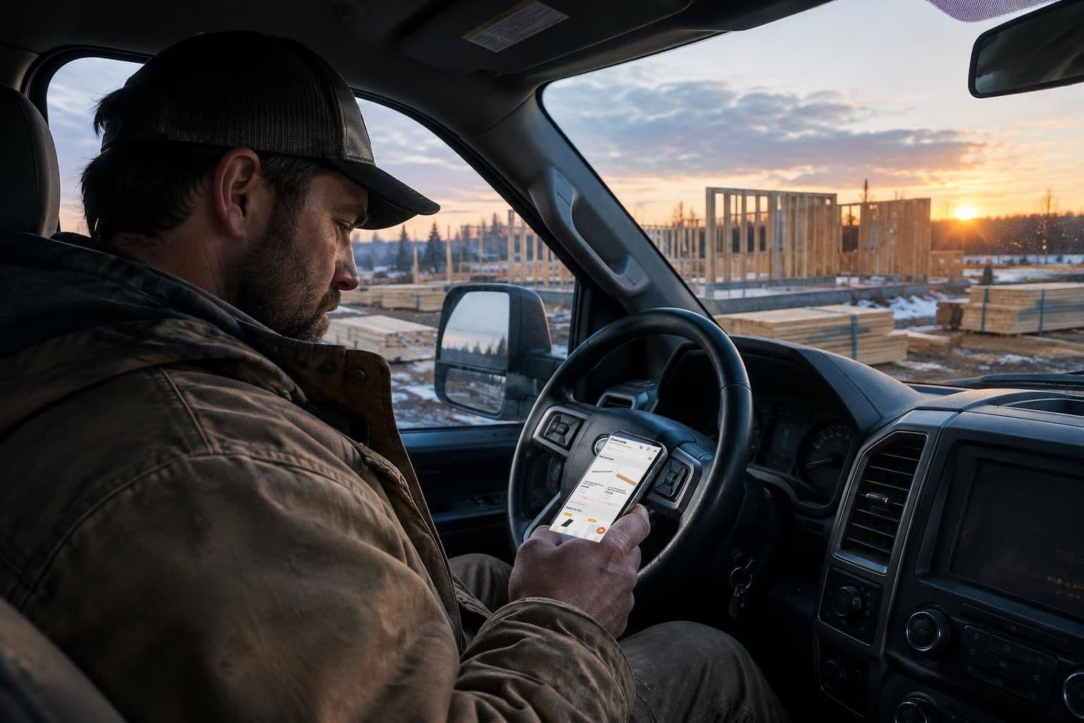A framer sitting in his pickup truck at dawn on a job site, browsing lumber in his yard's branded ToolSwift app on his phone, with lumber stacked on the site behind him
