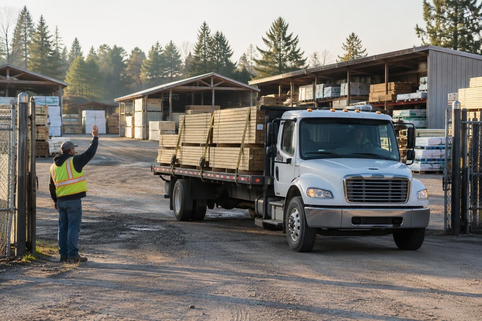 A flatbed truck loaded with strapped bundles of lumber pulling out through a lumber yard gate in the morning