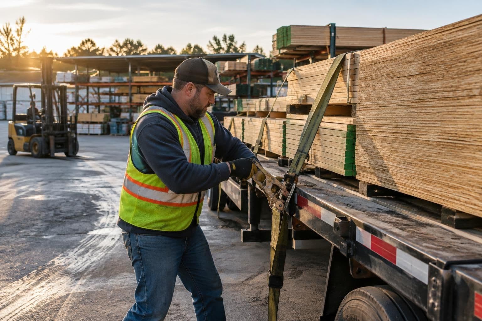 A yard worker strapping down bundles of lumber on a loaded flatbed truck at a building supply yard loading area in late afternoon