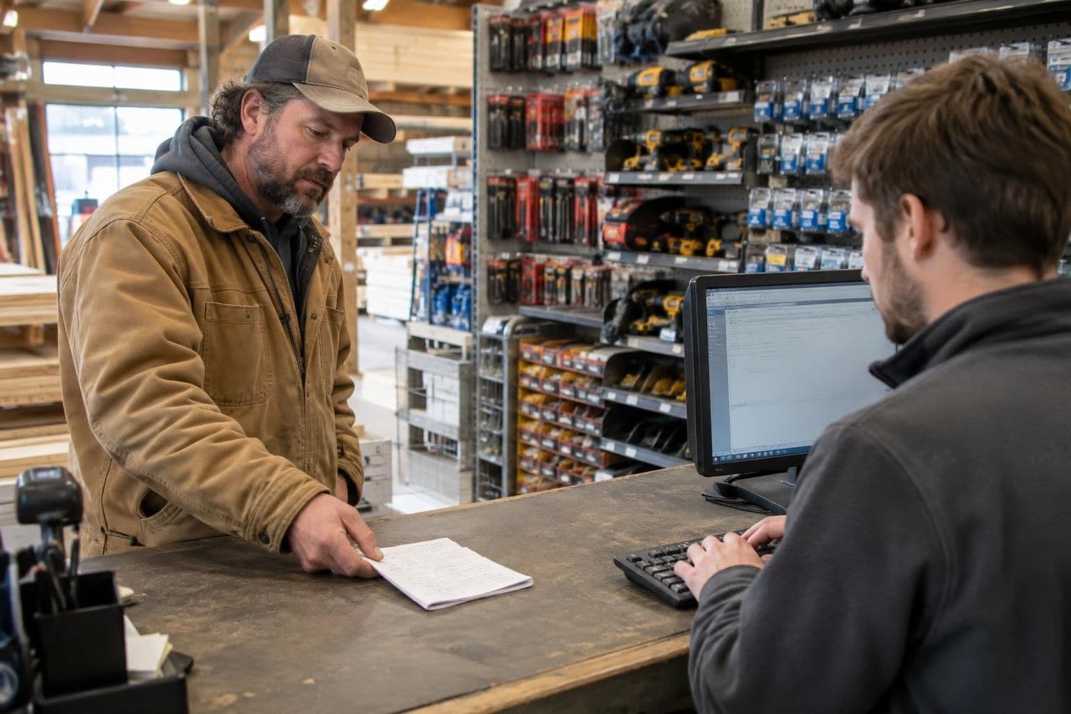 A contractor at a lumber yard pro desk sliding a handwritten materials list across the counter to a staff member who is typing it into a computer