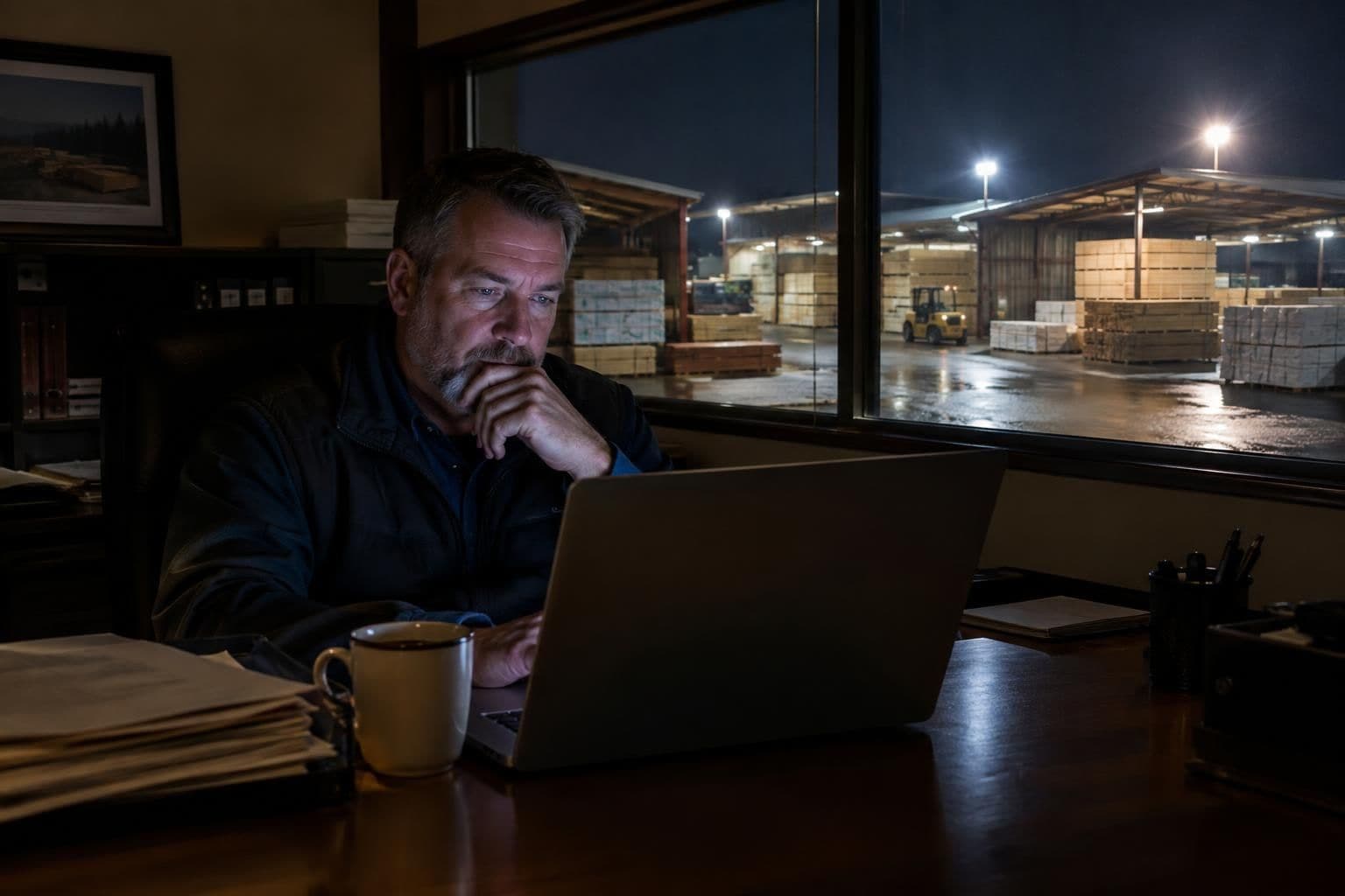 A lumber yard general manager working late at a desk in a dark office, lit by a laptop screen, with the yard's floodlit lumber sheds visible through the window