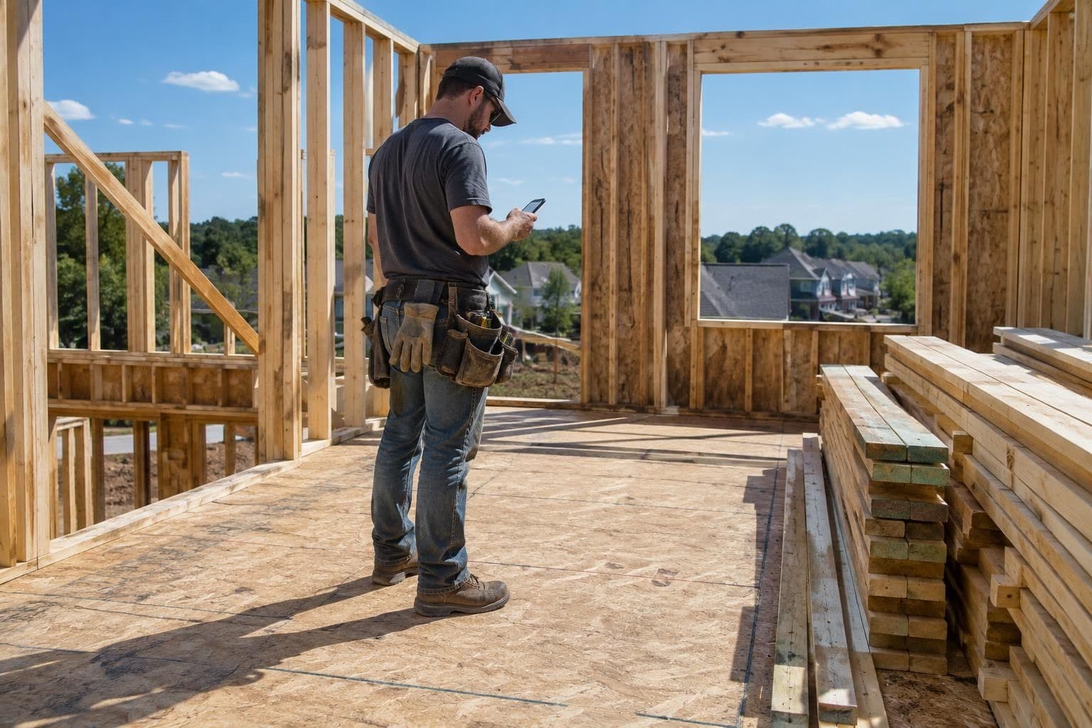 A framer on the second floor of a house under construction, standing among wall frames and checking his phone, with stacked lumber on the subfloor