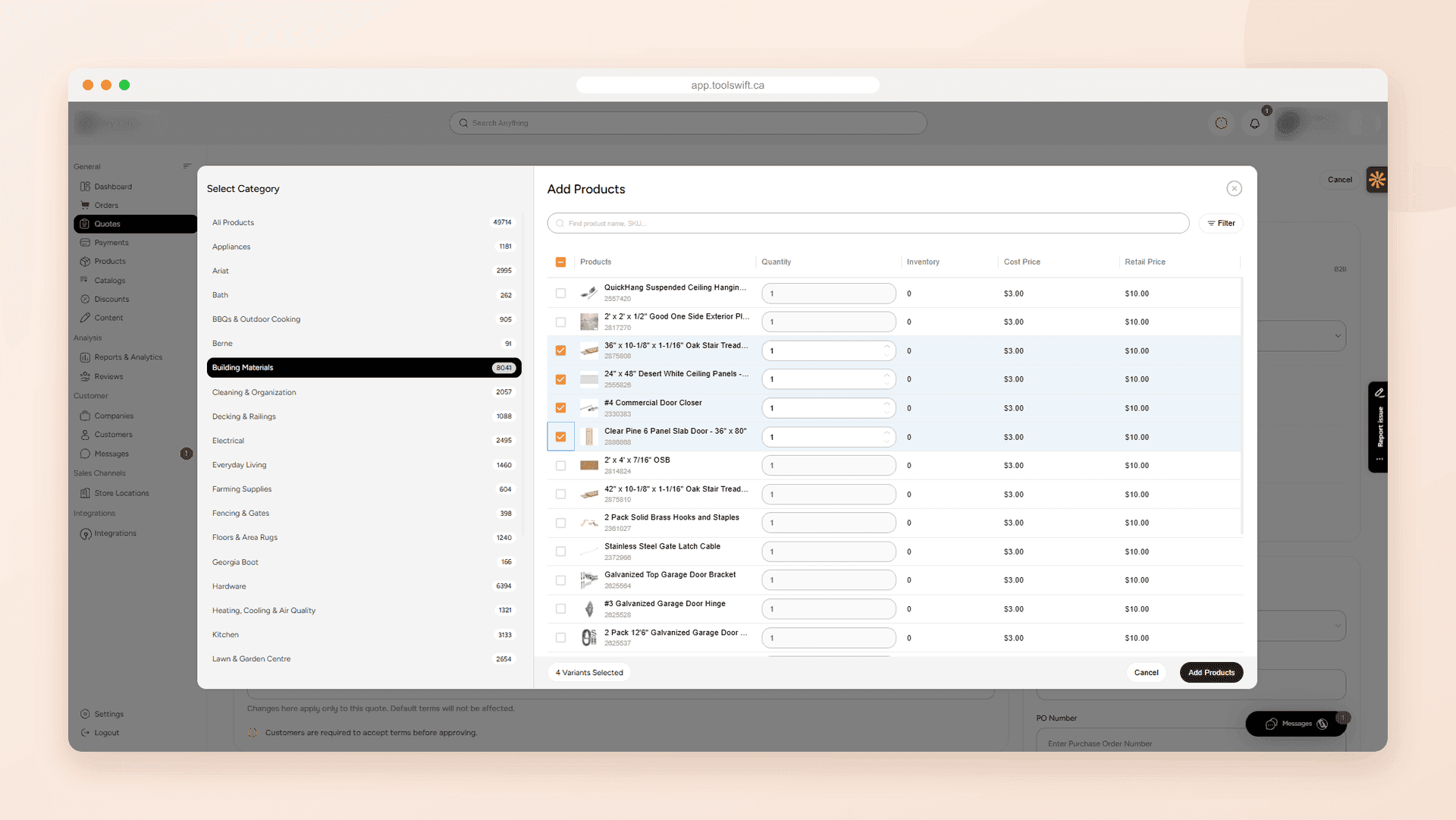ToolSwift quote builder where staff add building materials to a quote from the catalog, with categories, quantities, inventory, cost price and retail price
