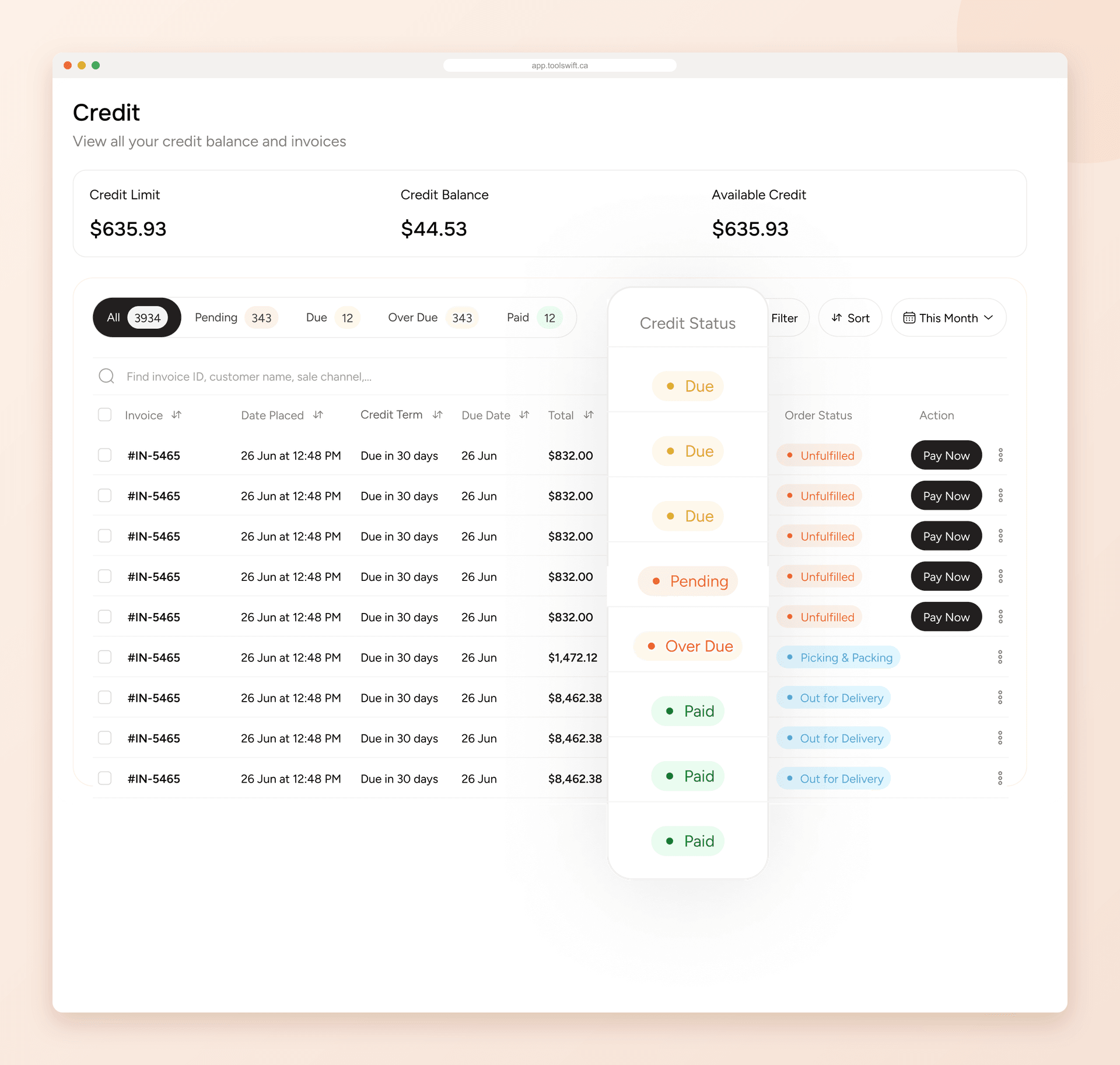 ToolSwift contractor credit page showing the credit limit, credit balance and available credit, with invoices listed by credit term, due date, credit status and order status, and a Pay Now button on each unpaid invoice