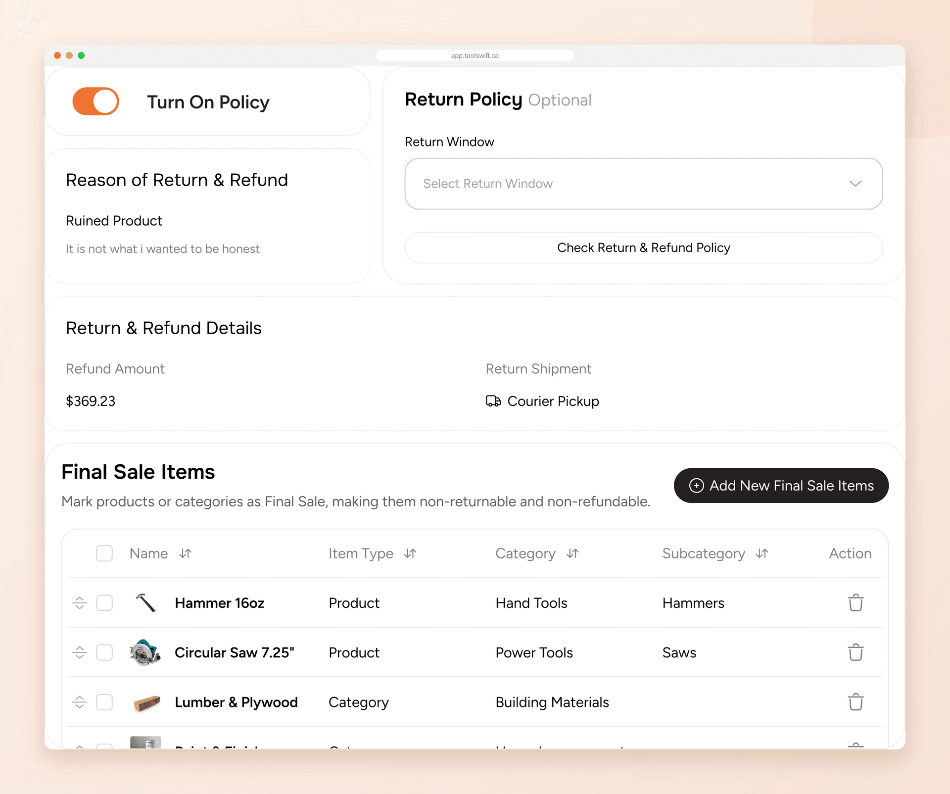 ToolSwift return and refund policy settings with a return window, the refund amount and return shipment method, and final-sale items set by product or category, such as a 16 oz hammer, a circular saw and the lumber and plywood category