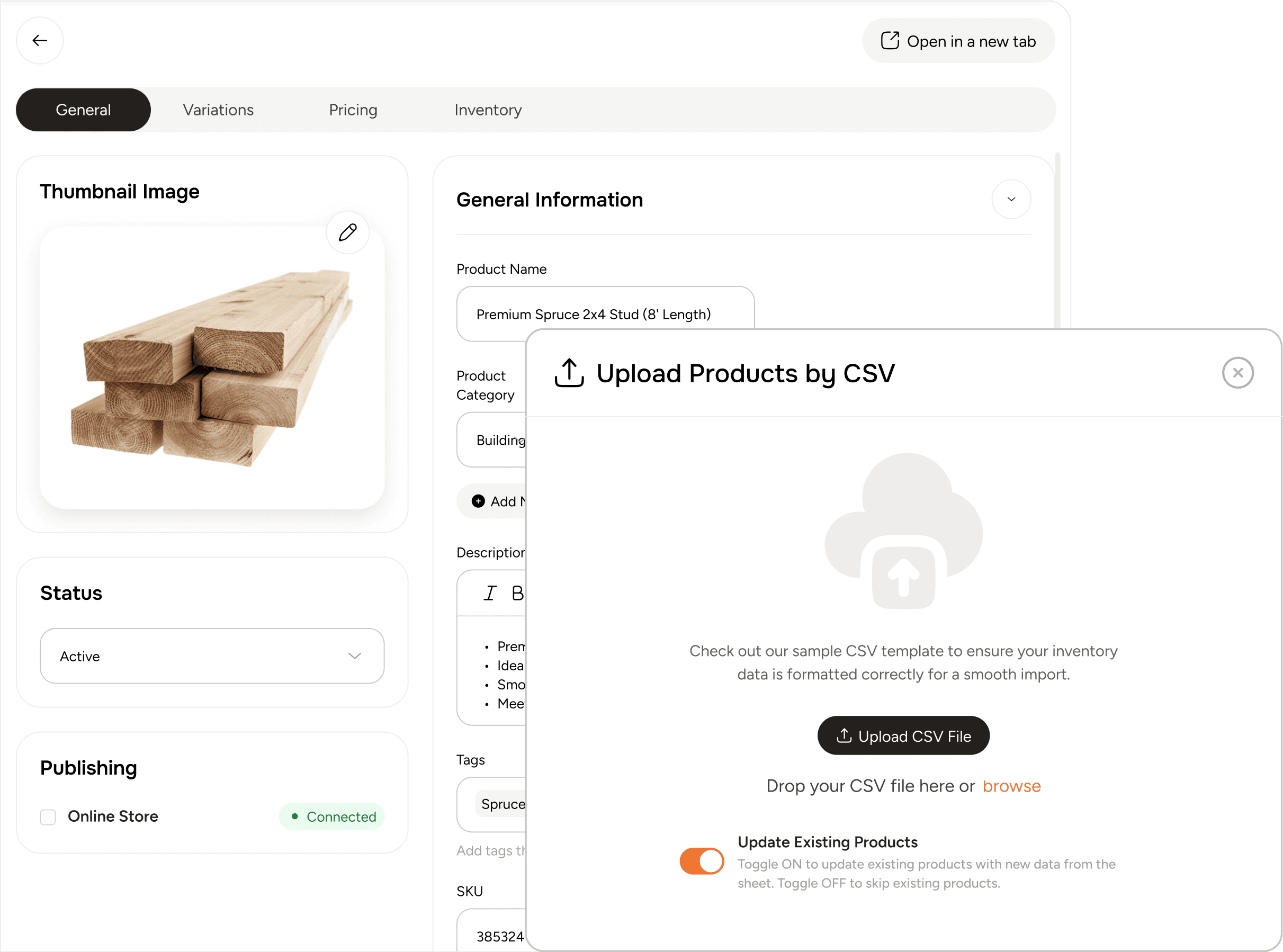 Upload products by CSV file or manually within ToolSwift dashboard