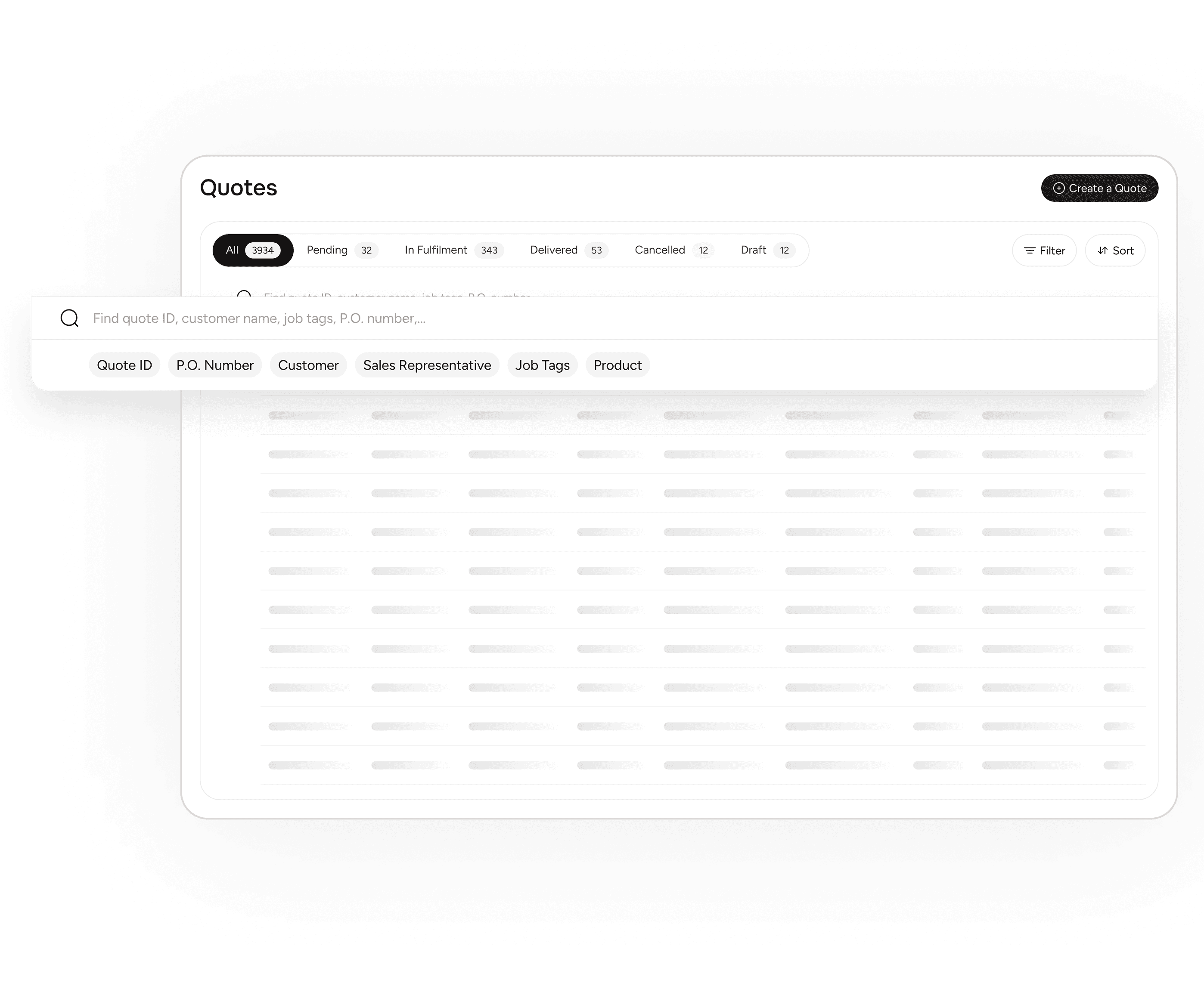 Filter and sort quotes by quote ID, customer name, sales rep, date created, due date and amount