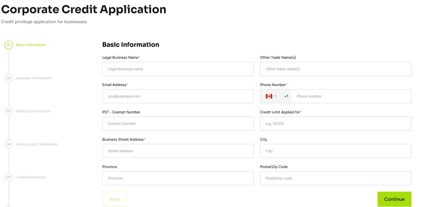 A multi-step credit application form on a dealer website
