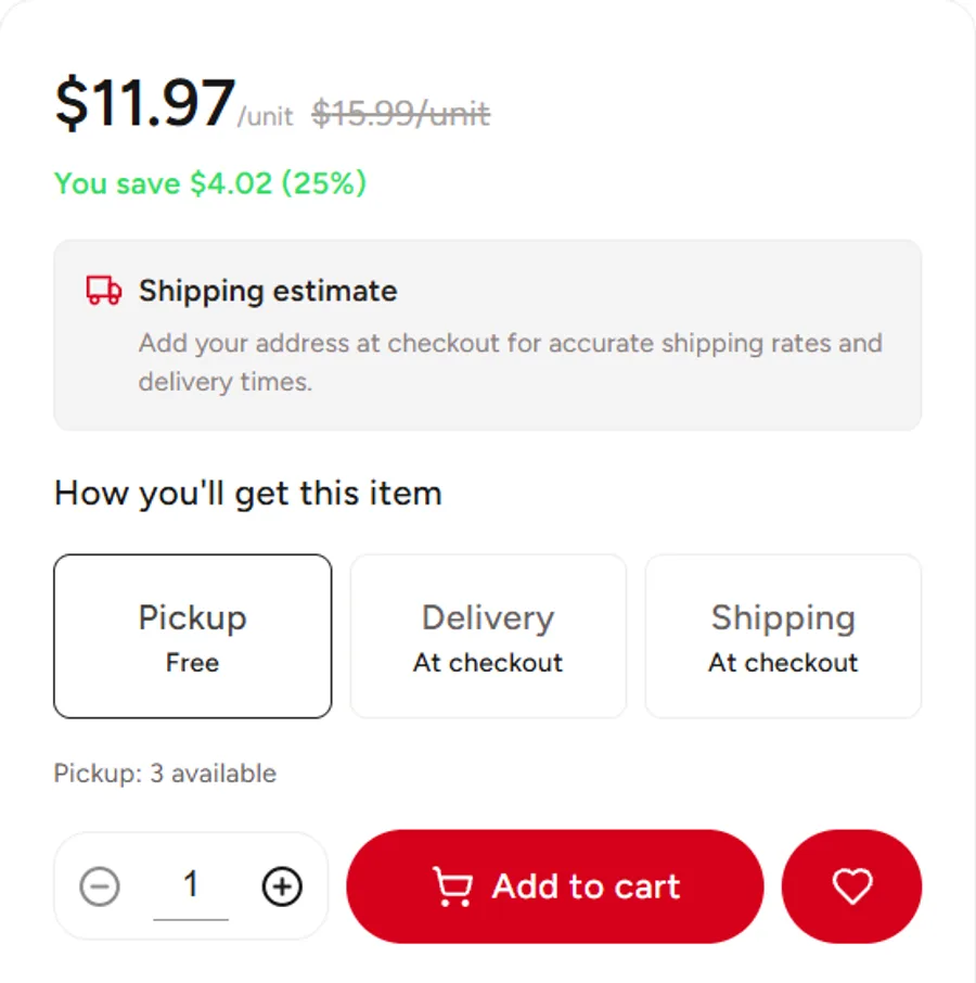 Pickup, delivery and shipping options with a shipping estimate on a product page
