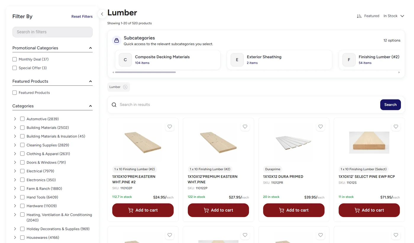 A retail storefront category page with filters, subcategories, search and product cards